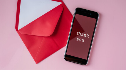 Red envelope and "thank you" letter with mobile phone on pink background 