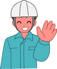 ヘルメットを被り、作業服を着た挨拶する笑顔のデフォルメ男性のイラスト