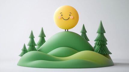 A cheerful, stylized sun with a smile stands atop a green hill surrounded by pine trees, creating a playful landscape scene.