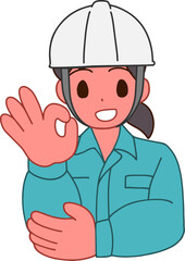 ヘルメットを被り、作業服を着たOKする笑顔のデフォルメ女性のイラスト