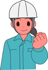 ヘルメットを被り、作業服を着たガッツポーズする笑顔のデフォルメ女性のイラスト