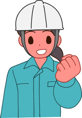 ヘルメットを被り、作業服を着たガッツポーズする笑顔のデフォルメ女性のイラスト