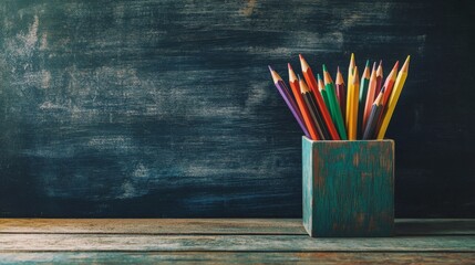 vintage education theme, distressed wooden planks, artisanal paper cup holder, multicolored pencil arrangement, chalk typography on blackboard, analog film style, grainy texture, desaturated tones