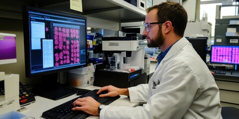 Doctor Researcher in pandemic virus disease is looking abnormal cells and DNA mutation in computer monitor. Cancer cells, tumors  and abnormal cells in medical treatment. Virus cells an flu vaccine