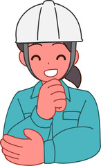 ヘルメットを被り、作業服を着た笑顔で考えるデフォルメ女性のイラスト