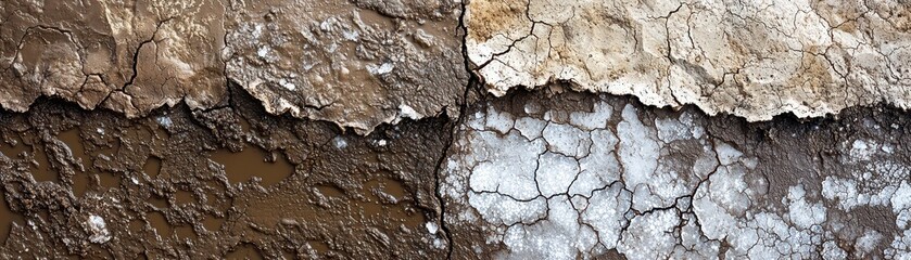 Obraz premium The image showcases a close-up view of cracked soil, highlighting contrasting textures of brown and white surfaces, indicative of dryness and different soil types.