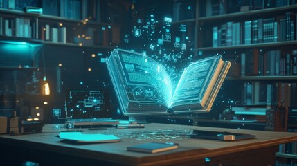 futuristic educational technology setup, floating luminous book graphic, interconnected ai icons, clean wooden desk surface, modern devices arrangement, cyberpunk lighting style, professional