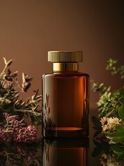 Product photography of an amber glass Bottega Veneta bottle with a gold cap, sitting on a dark reflective surface, surrounded by exotic herbs and flowers.