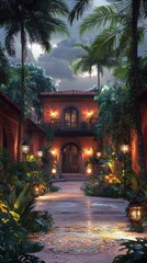 Fototapeta premium Traditional latin american hacienda with lush courtyard at twilight