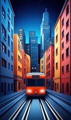 Fototapeta premium Night Tram on City Street with Bright Buildings