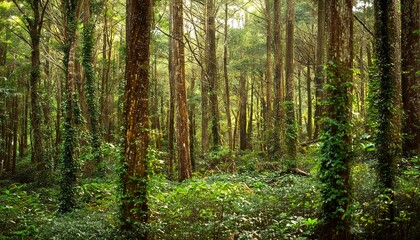 Obraz premium A peaceful forest path surrounded by green trees in the morning light