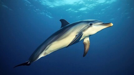 Obraz premium A dolphin swimming gracefully underwater in a clear blue ocean.