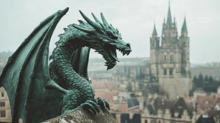 Fototapeta premium A dragon statue overlooks a misty cityscape with a gothic cathedral in the background.