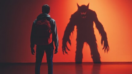 internet safety composition, student backpack outfit, ominous monster shadow, saturated color palette, professional studio backdrop, emotional photography style, stark lighting contrast