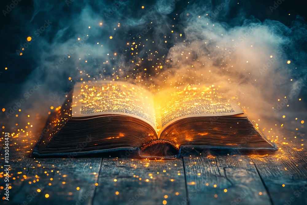 Poster an open book on a wooden table with smoke and sparks emanating from its pages.