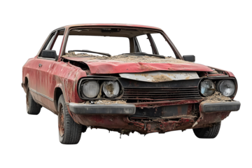 Wrecked car with damaged front end isolated on a white background. PNG transparent.