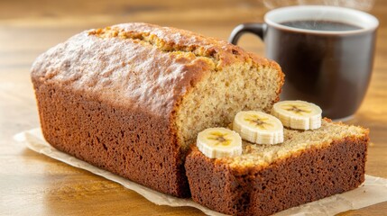 A moist and tender loaf of banana bread, infused with the sweet aroma of ripe bananas and hints of warm cinnamon, freshly baked to a golden brown perfection