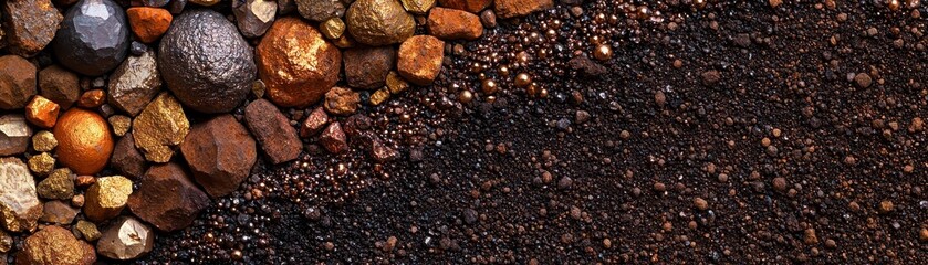 A textured surface of various stones and pebbles, blending with dark soil, showcasing nature's earthy colors and materials.