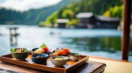 Obraz premium Traditional Japanese Cuisine on a Wooden Tray by Serene Lake