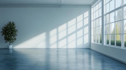 Obraz premium Bright Modern Interior with Large Windows, Natural Light, and Green Plant in Minimalist Space