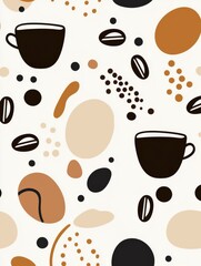 Obraz premium Coffee-themed abstract pattern featuring cups and beans.