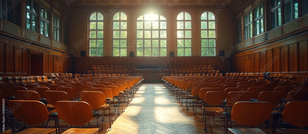 Poster sunlit lecture hall with empty orange chairs.
