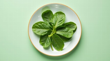 Obraz premium Plate with a raw spinach leaves on a pastel light green background
