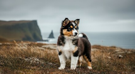 Adorable puppy exploring coastal landscape