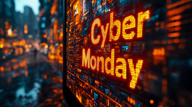 Vibrant neon signage announces Cyber Monday in a bustling urban setting, surrounded by modern architecture and glowing city lights at night