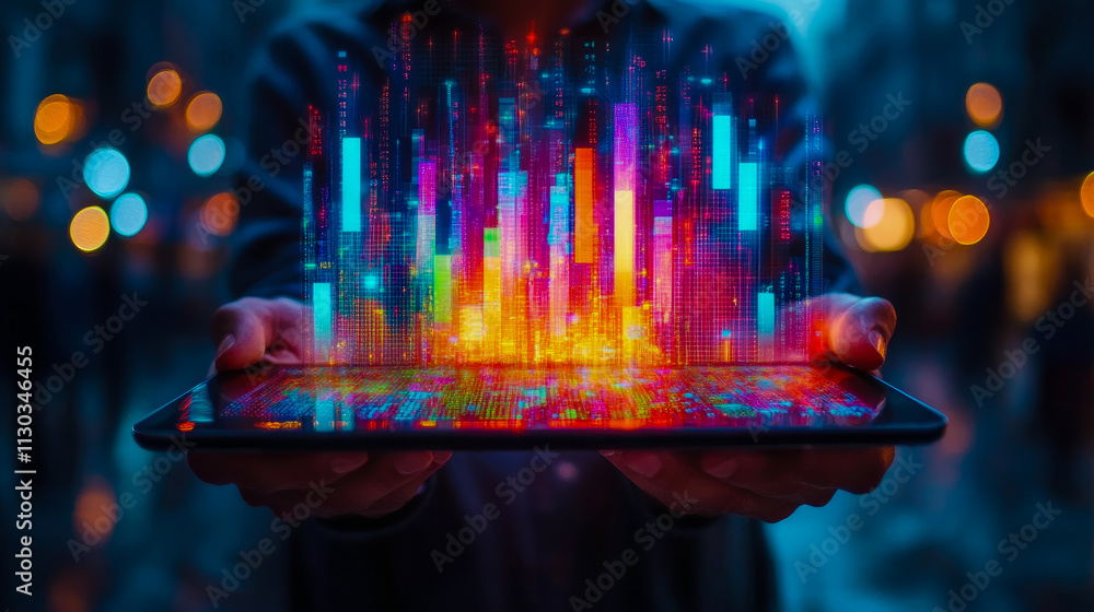 Poster colorful data visualizations float above a tablet held by a person amidst a city setting, highlighti