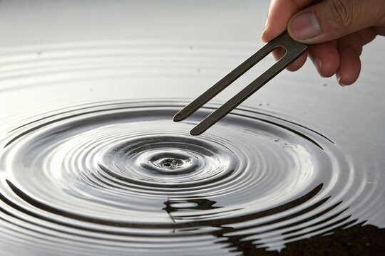 Tuning fork make ripple in water. Science and sound wave experiment