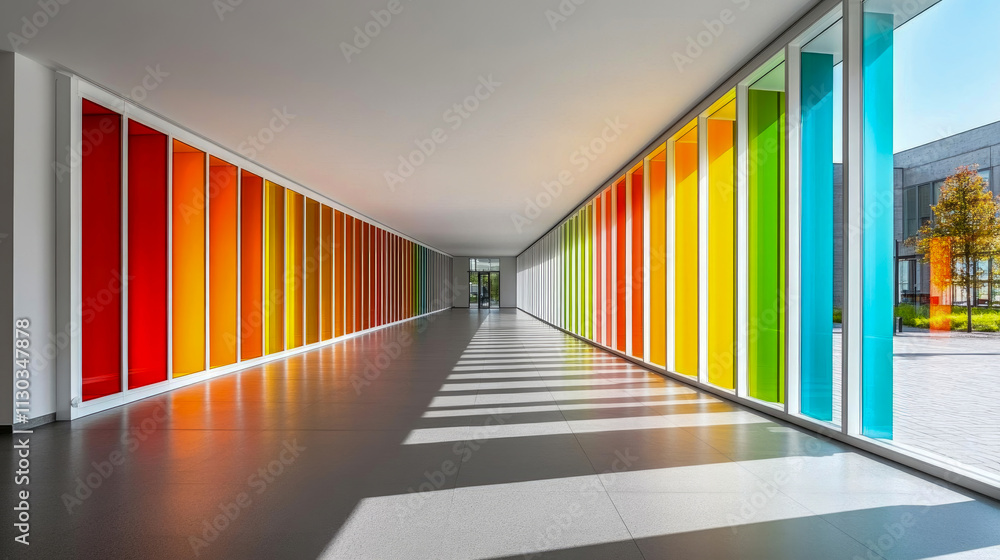 Aufkleber sunlight streams through an array of colorful glass panels, illuminating a sleek hallway in a contem