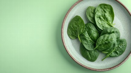 Obraz premium Plate with a raw spinach leaves on a pastel light green background