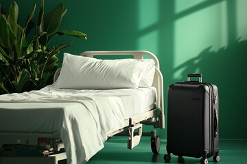 Hospital room with bed and luggage medical facility interior calm environment natural light patient experience