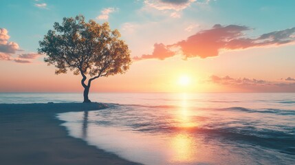 Serene Sunset Over Calm Ocean with Lone Tree Silhouette on Tranquil Beach Shoreline at Dusk