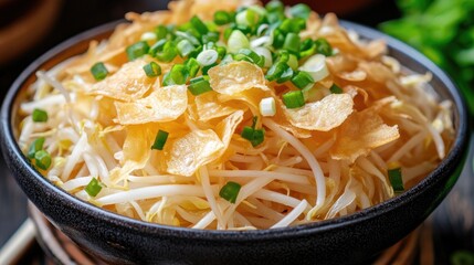 Fresh Vegetable Salad with Crispy Chips and Green Onions Garnish