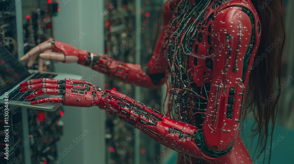 Aufkleber a humanoid robot with a striking red exterior operates a laptop in a high-tech environment filled wi