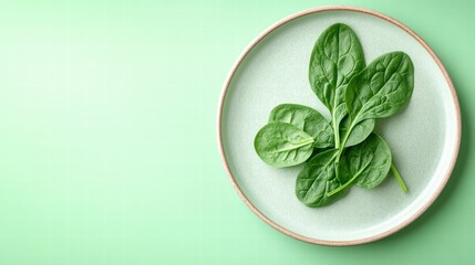 Obraz premium Plate with a raw spinach leaves on a pastel light green background