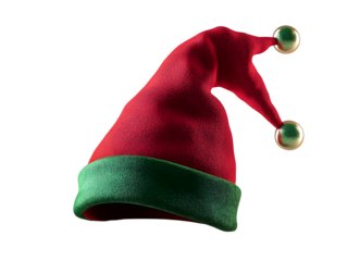 Red and green elf hat with small bells and a curved top on a white background. PNG transparent.