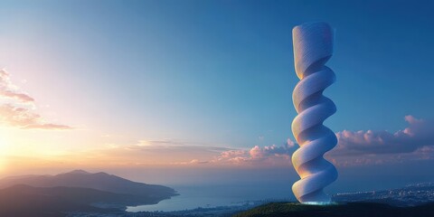 Obraz premium Helix-Shaped Skyscraper Soaring Above a Lively Urban Landscape in a Modern Cityscape