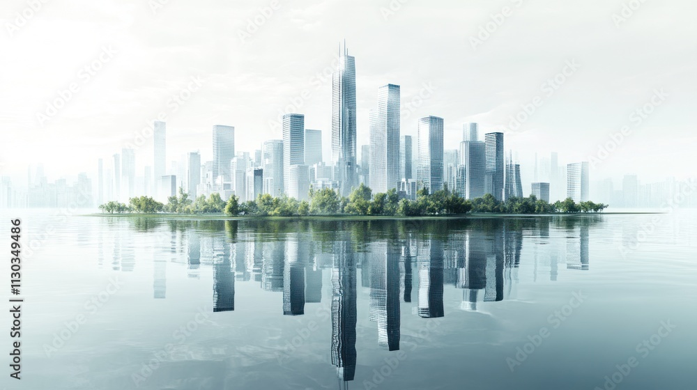 Poster a futuristic cityscape reflected in calm waters, showcasing modern architecture and greenery.