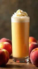 Fototapeta premium Tall glass of creamy peach smoothie topped with whipped cream surrounded by fresh peaches on a wooden table
