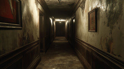 Fototapeta premium Korytarz z odrapaną farbą i ciemnymi zakamarkami rozciąga się w nieskończoność, budząc poczucie niepokoju i pustki. 
