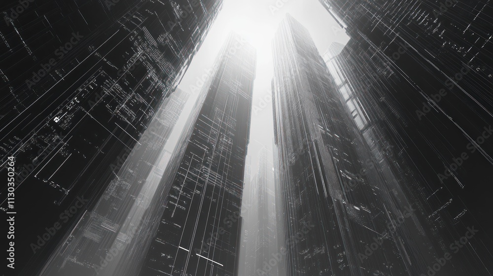 Poster a futuristic cityscape with towering structures and light beams penetrating the atmosphere.