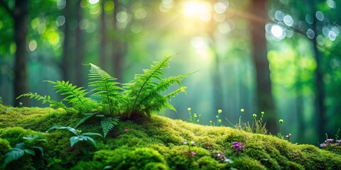 Lush green ferns thriving amidst a vibrant carpet of moss, bathed in the warm glow of sunlight filtering through a tranquil forest