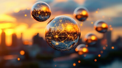 A digital 3D rendering of a city background showing a complex network of interconnected spheres representing the global world view of the Connections system.