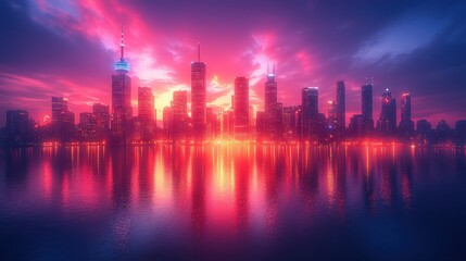 Fototapeta premium Vibrant city skyline reflecting in water at sunset.