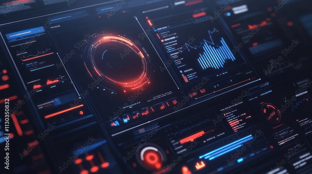 Poster a futuristic dashboard displaying data analytics with glowing elements and graphs.