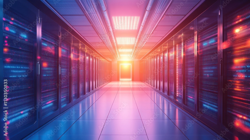 Poster a futuristic data center corridor illuminated with vibrant lights.