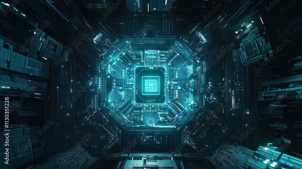 Aufkleber a futuristic digital environment showcasing a glowing central processor and intricate circuitry.